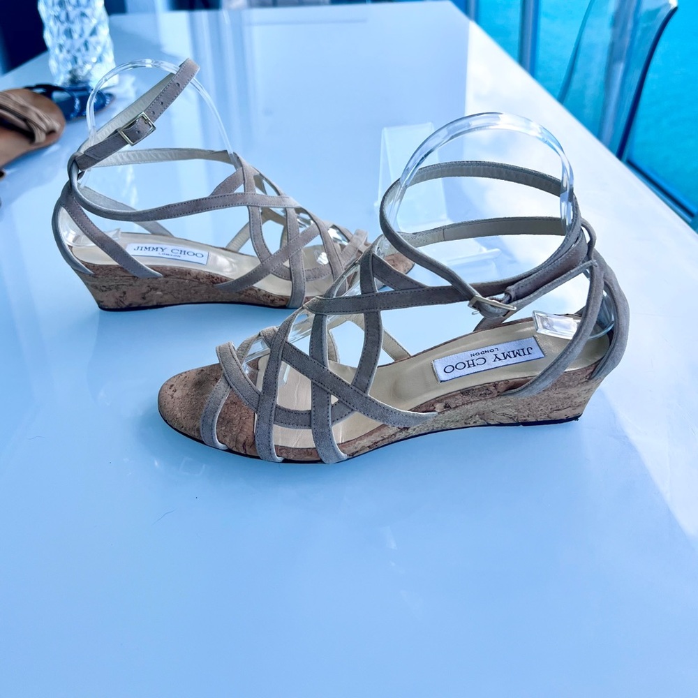 Jimmy Choo Beige Napa Suede Strappy Gladiator Cork Wedge Sandals - Picture 8 of 11